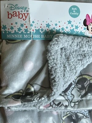 DISNEY MINNIE MOUSE REVERSIBLE PALE GRAY BABY BLANKET SHERPA BACK SOFT BLACK - Image 1 of 4