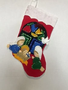 Vtg Bucilla? Finished Felt & Sequin Appliqué Nativity Scene Christmas Stocking - Picture 1 of 6