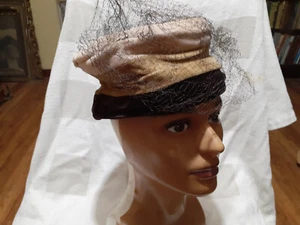 Vintage Women's Brown Tan Velvet Pillbox Hat with Veil - Picture 1 of 5