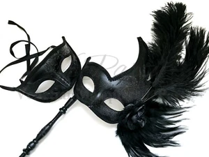 Black Masquerade Feather stick mask Pair Costume Prom Bachelor Black Tie Party - Picture 1 of 4