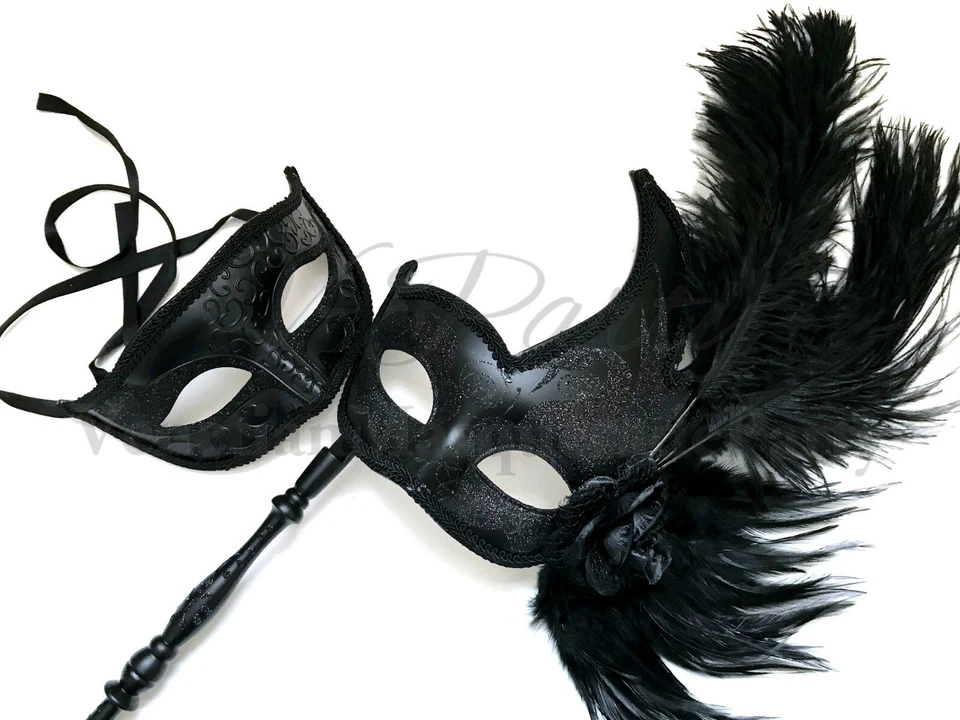 Black Masquerade Feather stick mask Pair Costume Prom Bachelor Black Tie Party - Image 1 of 1