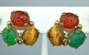 VINTAGE GOLDGEFÜLLTE 3 STEINE SKARABÄUS CLIP OHRRINGE KARNEOL CHRYSOPRAS TIGERAUGE - Bild 1 von 5
