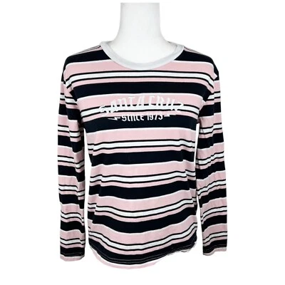 Camisa Santa Cruz Feminina Pequena Preta Rosa Listrada Manga Longa Crew Spellout Camiseta - Imagem 1 de 4