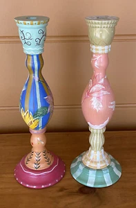 (2) Tracy Porter Stonehouse Farm Goods Hand Painted Wooden Candlestick Holders - Picture 1 of 10