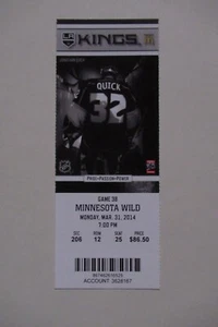 LOS ANGELES KINGS VS MINNESOTA WILD 3/31/2014 FULL TICKET ~ JONATHAN QUICK - Picture 1 of 1