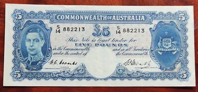 1949 Australian Five 5 Pounds Banknote  Coombs/Watt - R47 - image 1 of 2
