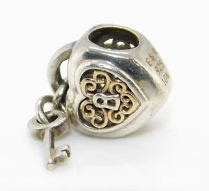 Signed E&R 925 Sterling Silver & 10K Gold Heart Key Lock Charm Bracelet Bead - Picture 1 of 4