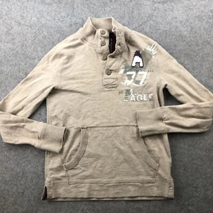 American Eagle Sweatshirt Men Small Beige Spell Out Henley Fleece Y2K - Picture 1 of 12