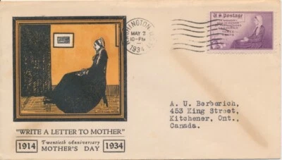 #737 Mothers of America Linprint cachet First Day cover to Canada back stamped - Image 1 of 2