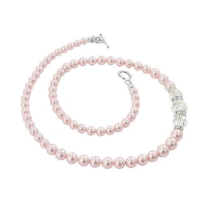 Pink Simulated Pearl & Austrian Crystal 925 Sterling Silver 16" Necklace Elegant - Picture 1 of 3