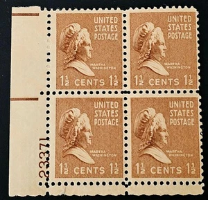 US STAMP BLOCK (4) MARTHA WASHINGTON 1938 1.5c SC#805 (PREXIE) PL.23371 MNHOG!! - Picture 1 of 2