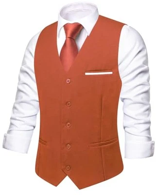  Men's Formal Suit Vest Solid Fit Vest for Men 3 Pockets Medium Reddish Orange - Image 1 of 4