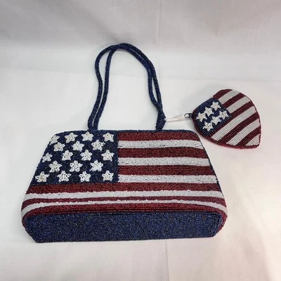 Bolsa com miçangas vintage e bolsa de troca forro artesanal bandeira americana 2"L x 9"L x 6"H - Imagem 1 de 4