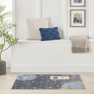 Nourison Astra Machine Washable Graphic Sky Blue 3'3" x 5' Kids Area Rug Easy - Picture 1 of 7