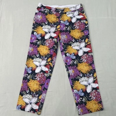 ELEVENSES Anthropologie Floral Pants Cropped Pockets Black Purple Yellow Size 6 - Image 1 of 4