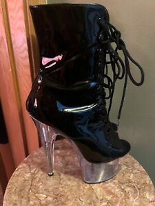 Size 8 Pleaser Stripper 6.5” Clear Heels Black Platform Ankle Boots Adore 1020 