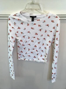 Camicia Forever 21 Juniors bianca a costine cropped manica lunga floreale taglia M usata in ottime condizioni - Foto 1 di 4