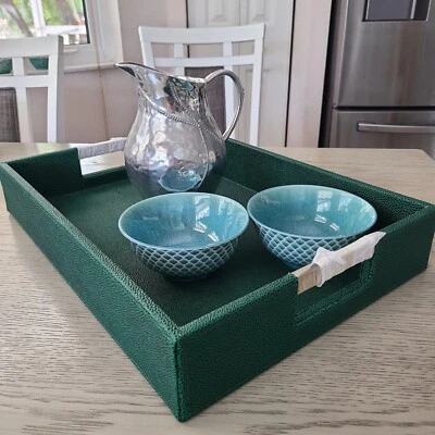  Bandeja para servir extra grande asas de metal elegante verde imitación cuero Shagreen nuevo Foto 1 de 4
