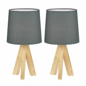 Set of 2 Tripod Table Lamp Bedside Lights Natural Wood 36cm Grey Shades - Picture 1 of 5