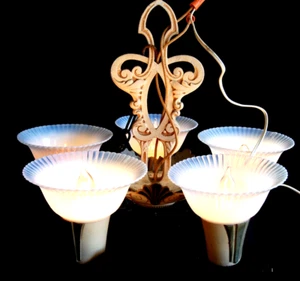 Art Deco Antique Opalescent-Iridescent Shades 5 Light Chandelier Gorgeous Wired - Picture 1 of 12