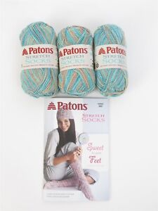 Patons Stretch Socks Multicolor Kelp Yarn 3 Skeins w Pattern Book 218 yards each