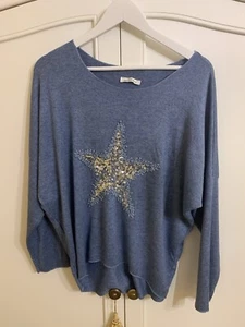 Ladies Italian Light Blue Star Sequin Christmas Jumper Large - Picture 1 of 7