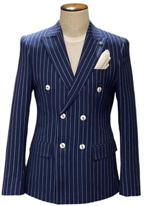 Designer Zweireiher Nadelstreifen Doppelreiher Sakko Blau Tailliert Slim Fit - Bild 1 von 2
