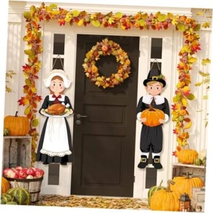 2 Pcs Thanksgiving Hanging Sign Decorations Thanksgiving Pilgrim Boy and Girl - Picture 1 of 7
