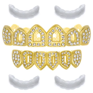 Herren 4 Open Full Iced GRILLZ SET goldfarben oben unten Zähne LS 623 G 2 ext Bar - Bild 1 von 4