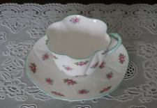 VINTAGE Shelley Bone China Dainty Rosebud Green Handle Tea Cup & Saucer, England