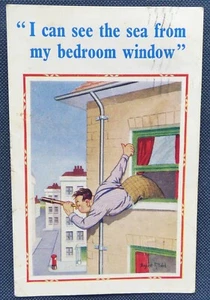 Vintage Donald McGill: Gent on holiday looking for the Sea from Room !! - 1957 - Picture 1 of 3