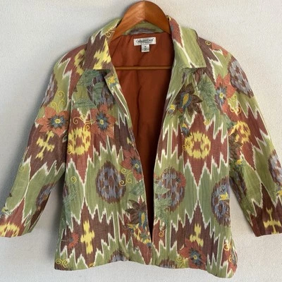 Chaqueta Coldwater Creek WMs M Mezcla de Lino Bordado Azteca Suroeste Boho Artística Foto 1 de 4