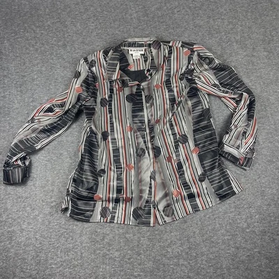 Joan Leslie Petite Blouse 10P Black White Red Striped Geometric Button Up - Image 1 of 4