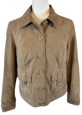 Chaqueta de gamuza Cherokee Y2K de cuero genuino para mujer talla L caqui tostado con botones Foto 1 de 4