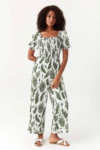 Multi Leaf Print Shirred Jumpsuit - Picture 1 of 6