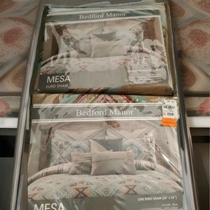 2 New Bedford Manor MESA Euro Shams 26x26 Blue Tans Red Machine Washable Cotton - Picture 1 of 6