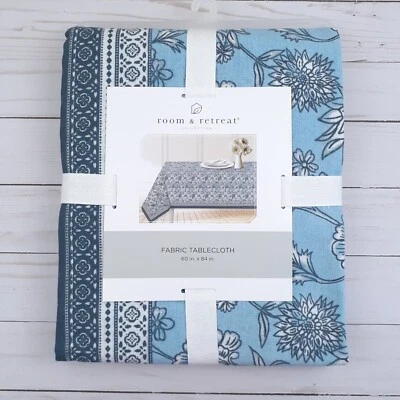 Fabric Tablecloth 60x84 Floral Tuscany Flowers Indigo Border Cotton Blend - Image 1 of 3