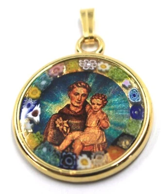 COLGANTE MEDALLA REDONDA CRISTAL MURANO SAN ANTHONY DE PADUA JESÚS 25mm MARCO DE FLORES Foto 1 de 4