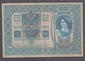 🔴FIUME 1000 Kronen 1902 (1920) aXF handstamp CITTA DI FIUME on Austrian side - Picture 1 of 2