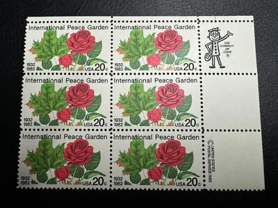 US #2014 Plate Block of 6  20¢ Stamps International Peace Garden 1982 MNH OG - Image 1 of 3