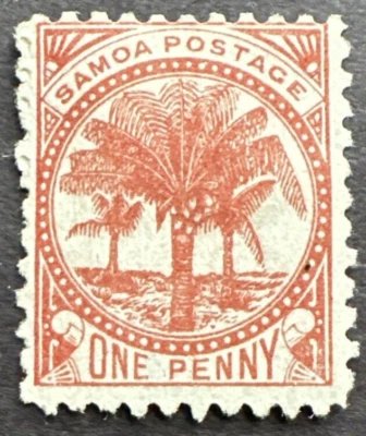 Samoa 1899 Sc# 12 MH OG 1 Penny Red-Brown Palm Trees - Image 1 of 2