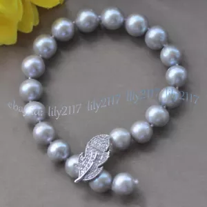 10-11mm Natural Round Silver Gray Freshwater Pearl Bracelet 8" Leaves Clasp - Picture 1 of 6