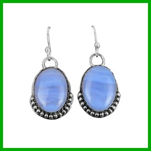 Mothers day Sale Sterling Silver Oval Blue Lace Agate Stone Drop Dangle Earrings - Picture 1 of 7