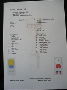 1962 World Cup Final Brazil v Czechoslovakia Matchsheet - Picture 1 of 1