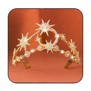 Star Moon Crown Headband Gold Bride Wedding Headbands Rhinestone Crown and Ti... - Picture 1 of 6