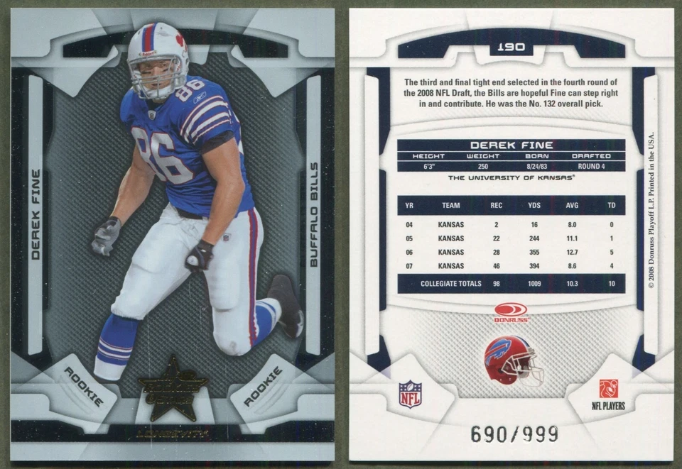 2008 Leaf Rookies & Stars Longevity #190 Derek Fine (RC) Buffalo Bills (690/999) - Image 1 of 1