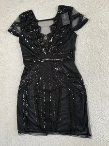 VIJIV Dress Med Black 1920's Gatsby Embellished Beaded Sequined NEW - Picture 1 of 15