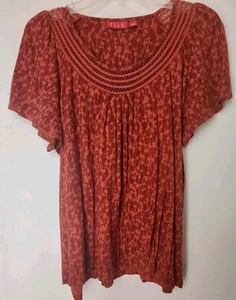Elle Boho Blouse Rust Orange Short Sleeve Lace Pullover Casual Relaxed Fit XL - Picture 1 of 3