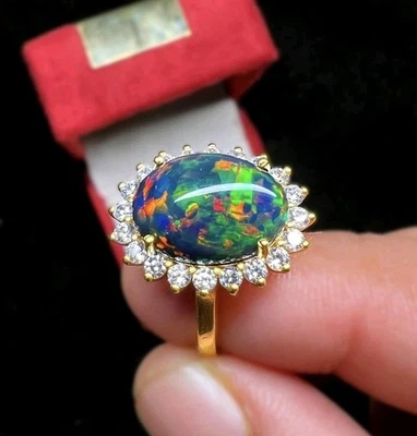 Anillo de ópalo negro anillo de diamantes de ópalo negro natural anillo de oro de ópalo negro Foto 1 de 4