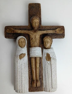 The Compassion, Pyrenean Stone Hanging Crucifix JESUS CHRIST Mary & John 9" tall - Picture 1 of 13
